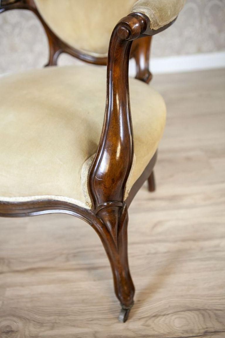 photo for sale Pair Of Late 19th Century Walnut Armchairs In Beige Upholstery