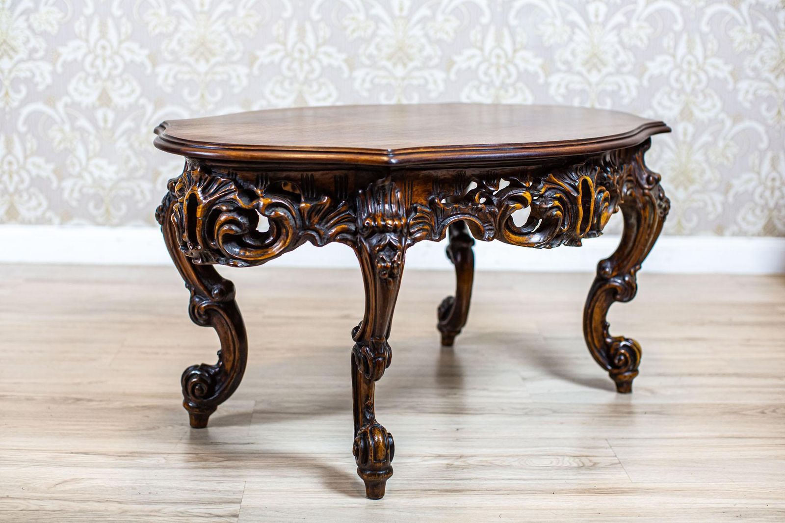 Decorative Brown Coffee Table From The Mid 20th Century With Carved Apron photo for sale