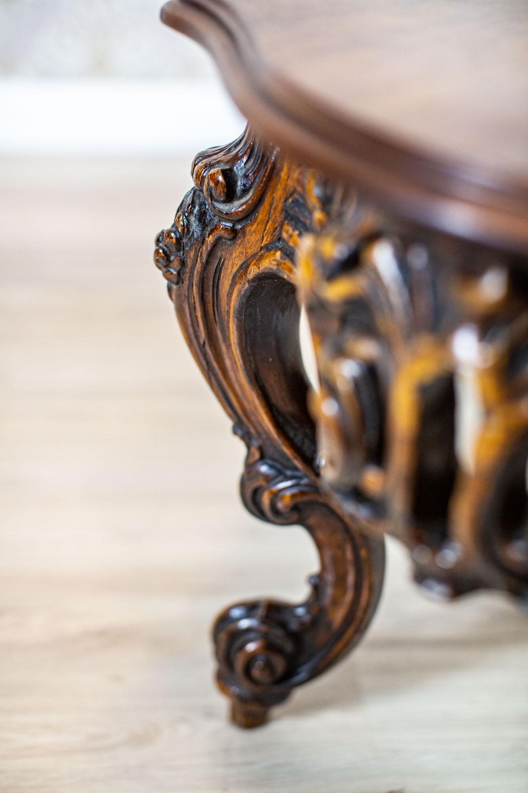 Furniture Decorative Brown Coffee Table From The Mid 20th Century With Carved Apron photo