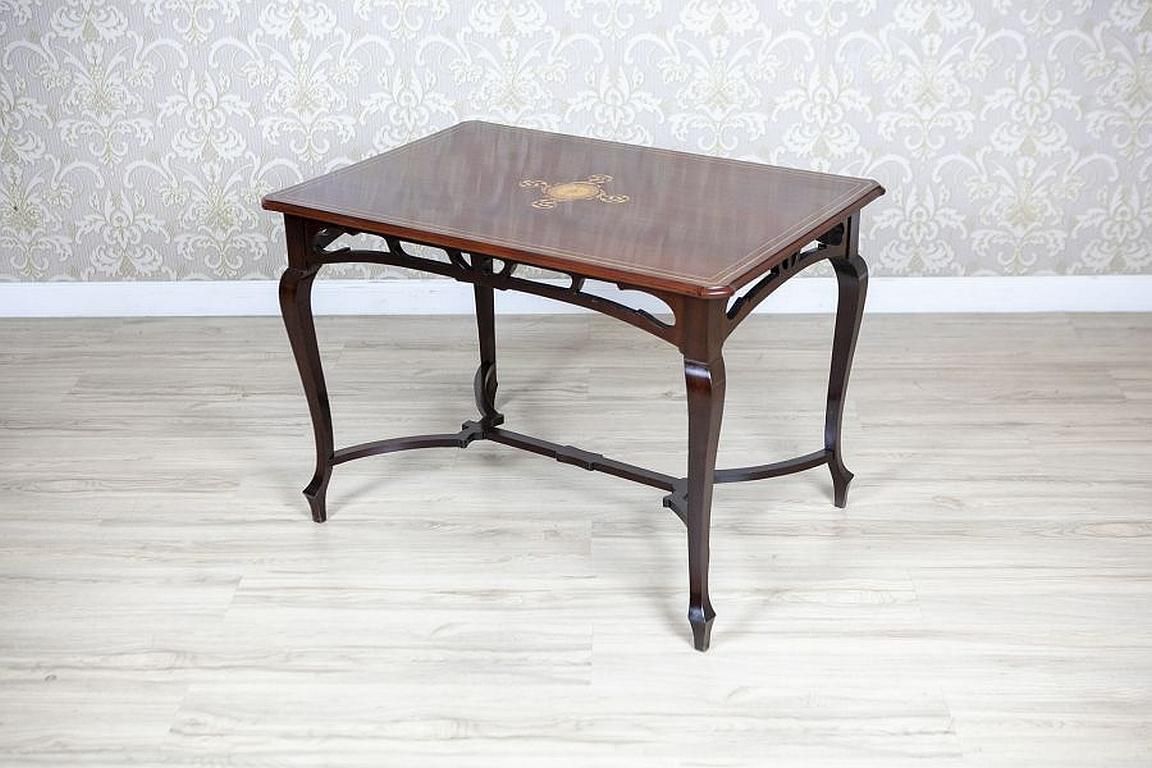 Art Nouveau Mahogany Center Table From The Early 20th Century With Floral Inlays photo for sale