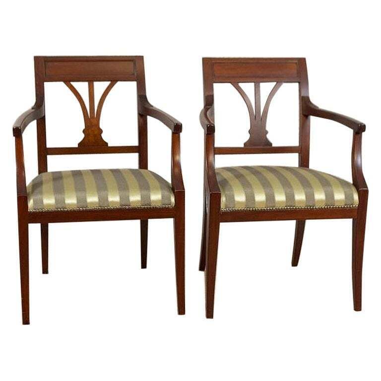 Two Armchairs Circa The 1980s/1990s Of Classicizing Forms In Striped Upholstery