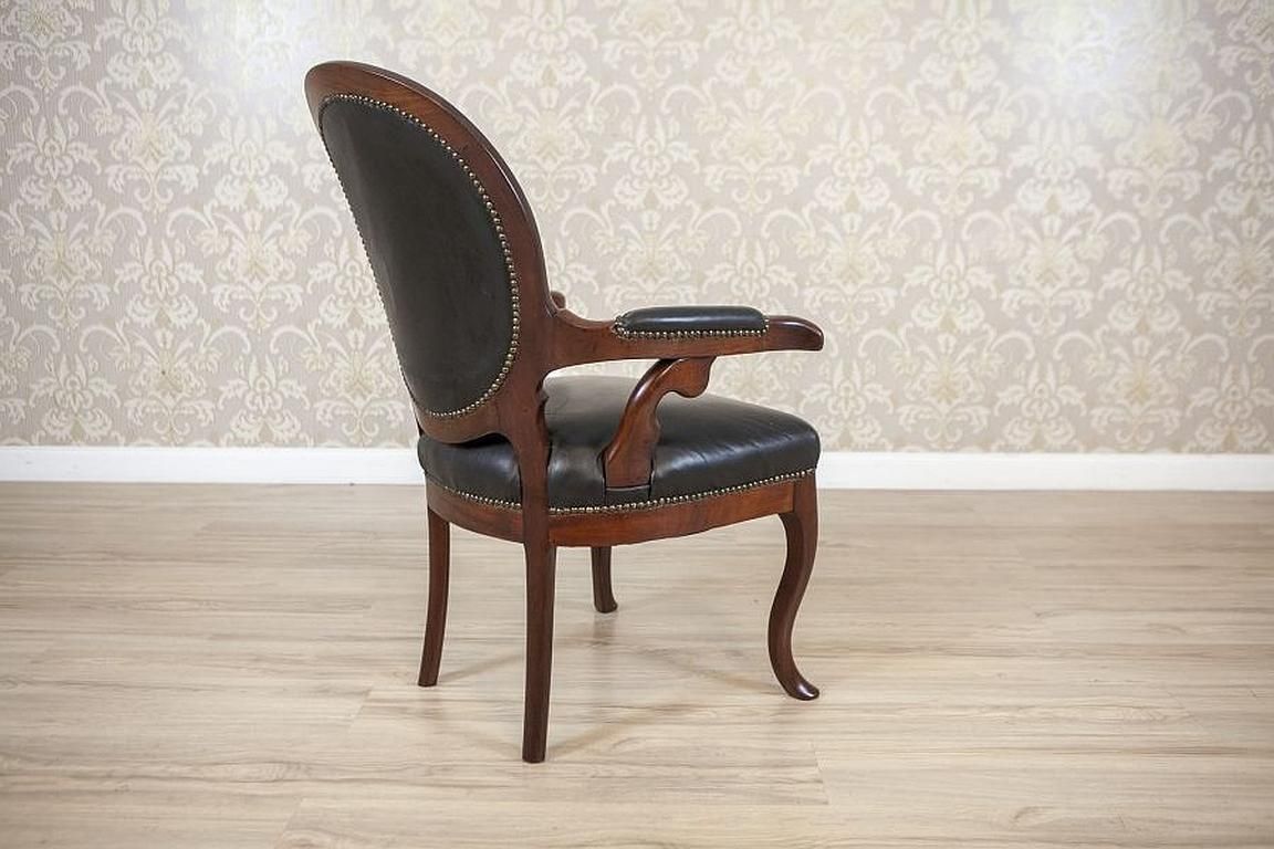Walnut Armchair From The Late 19th Century In Black Leather photo Furniture