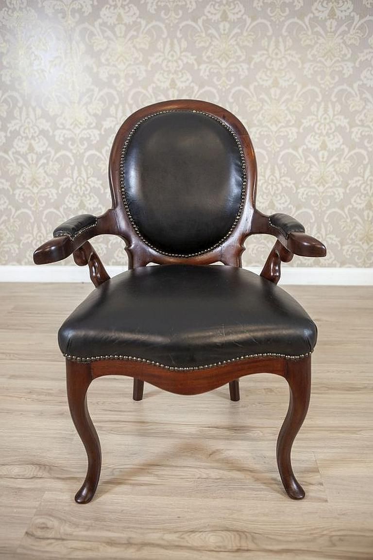 Walnut Armchair From The Late 19th Century In Black Leather photo vinterior