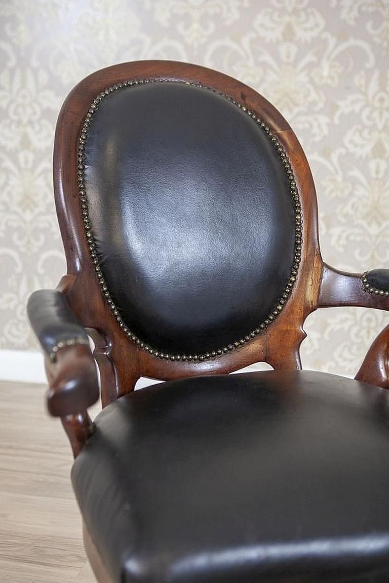 Walnut Armchair From The Late 19th Century In Black Leather photo vintage
