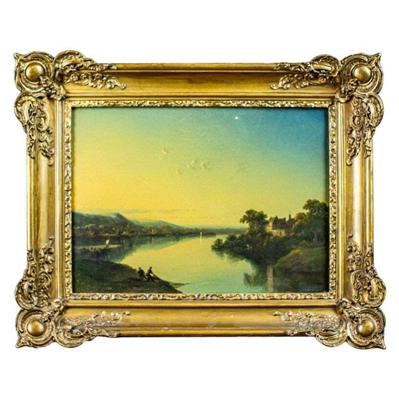 19th Century Oil On Hardboard Depicting River In Gold Frame