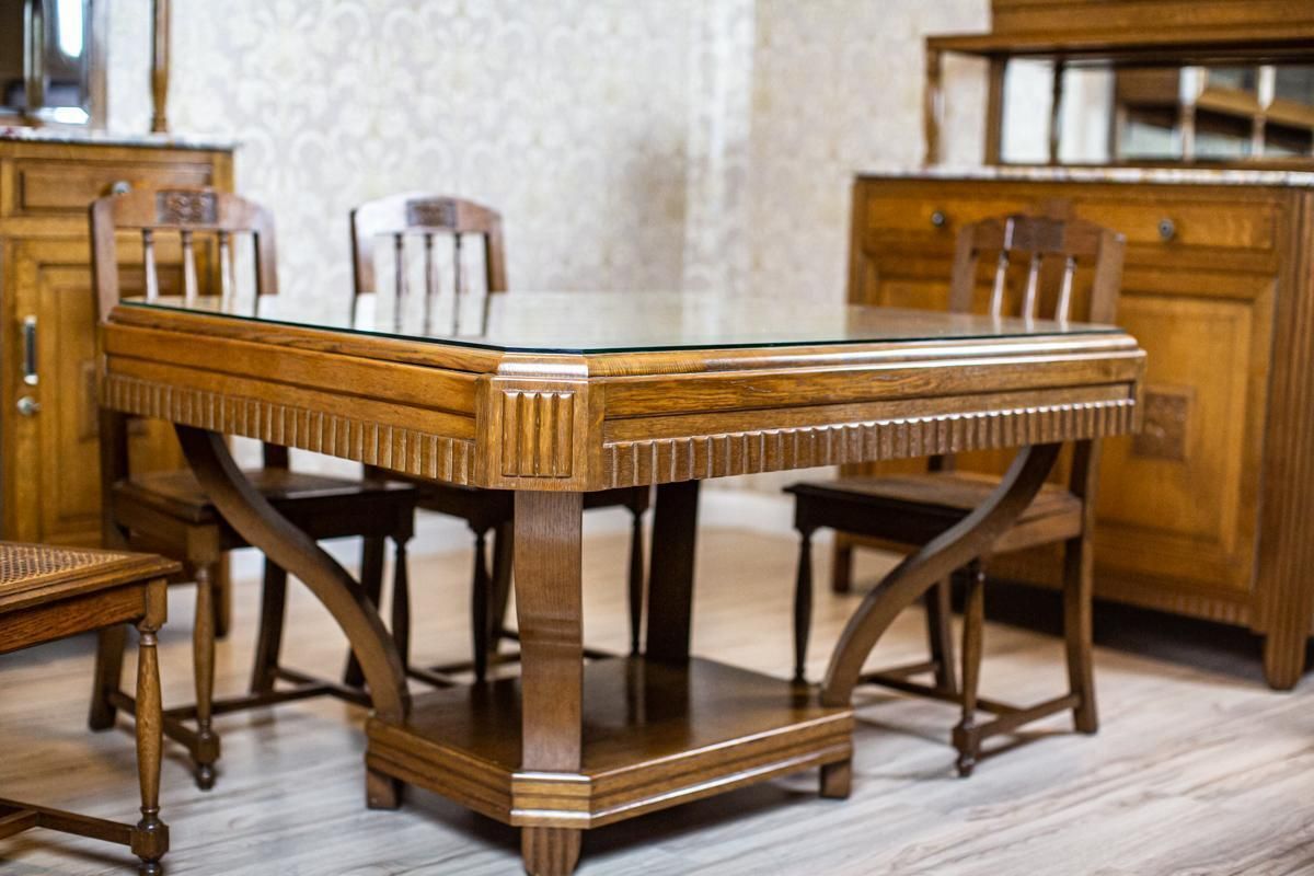 Oak Dining Room Set From The Early 20th Century With Marble And Rattan Elements photo furniture