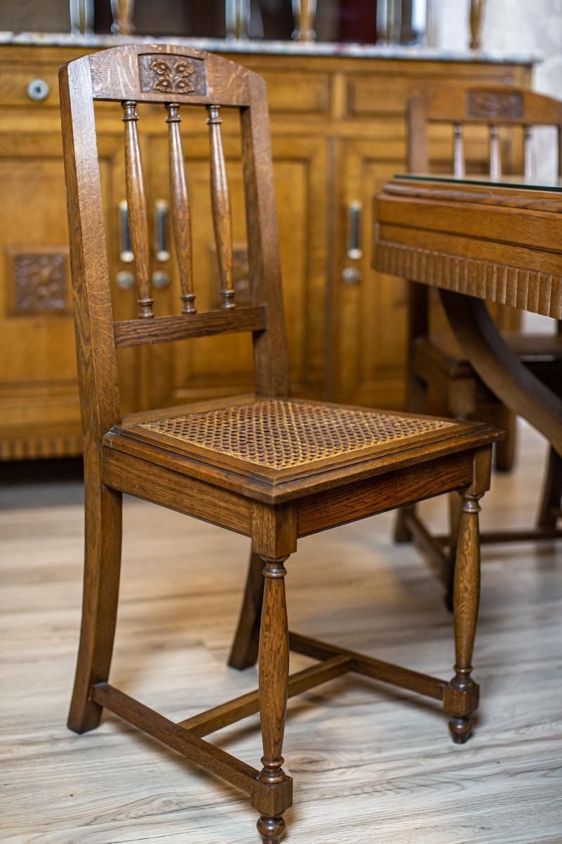 Oak Dining Room Set From The Early 20th Century With Marble And Rattan Elements photo for sale