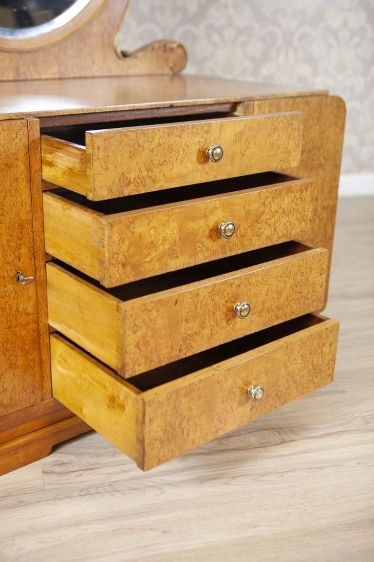 Vanity Veneered With Karelian Birch With Oval Mirror From The Early 20th Century photo vintage