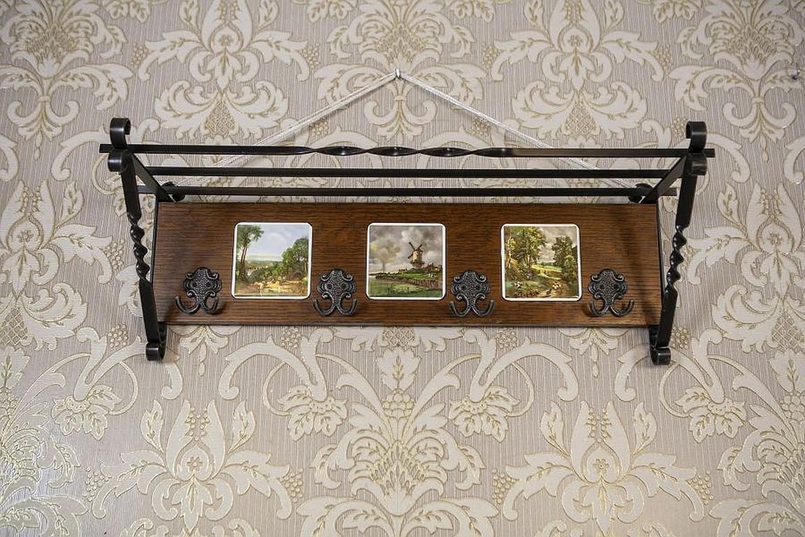 Dutch Oak Wall Coat Rack With Decorative Tiles From The Early 20th Century photo furniture