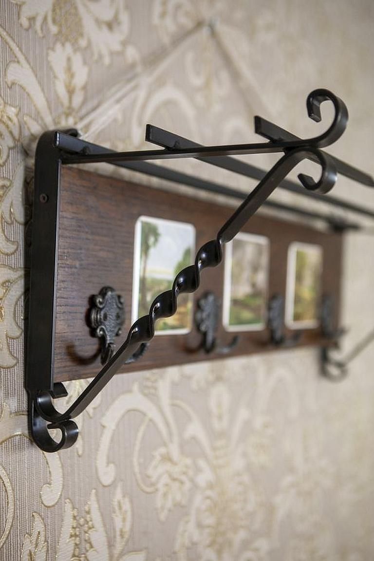 Dutch Oak Wall Coat Rack With Decorative Tiles From The Early 20th Century photo for sale