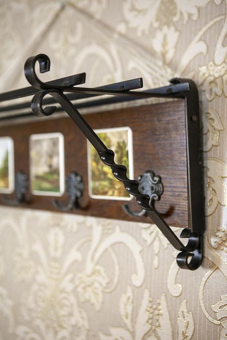 Dutch Oak Wall Coat Rack With Decorative Tiles From The Early 20th Century photo buy