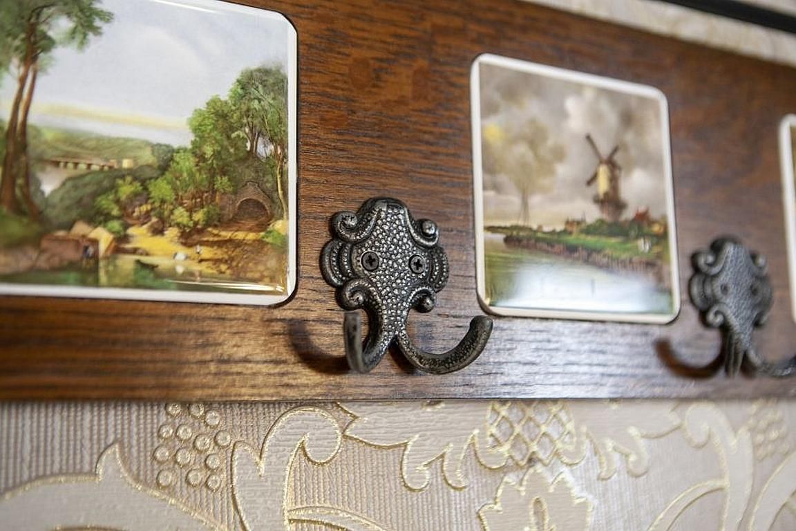 Dutch Oak Wall Coat Rack With Decorative Tiles From The Early 20th Century photo vintage