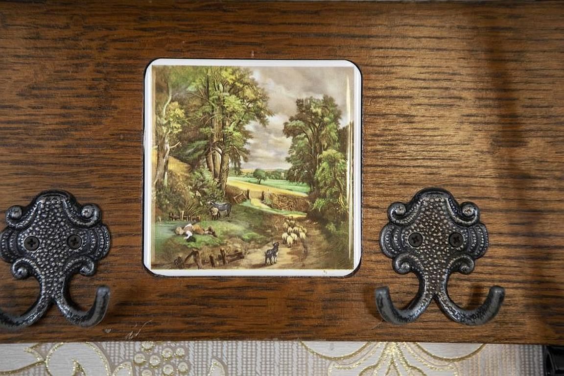 photo for sale Dutch Oak Wall Coat Rack With Decorative Tiles From The Early 20th Century