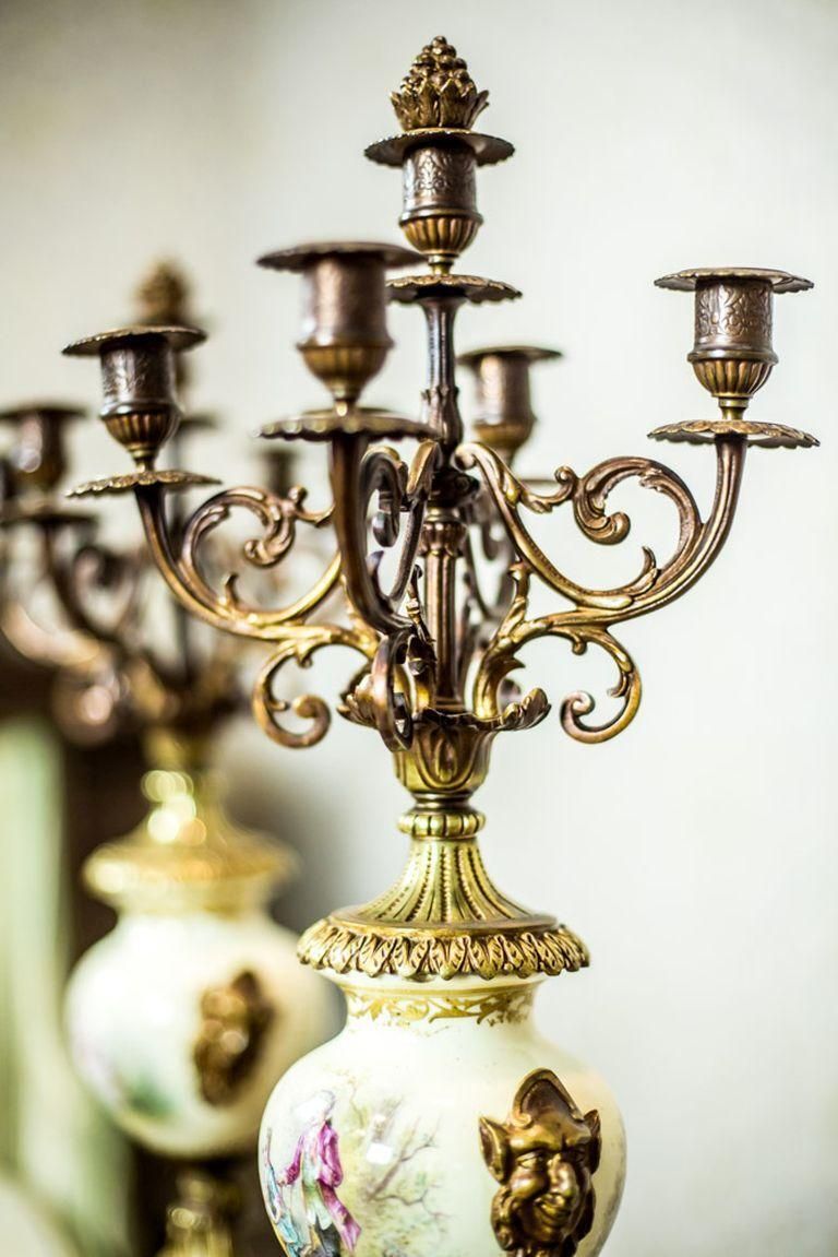 photo for sale Antique, Two Four Arm Candelabra With Porcelain And Brass Details, 19th Century