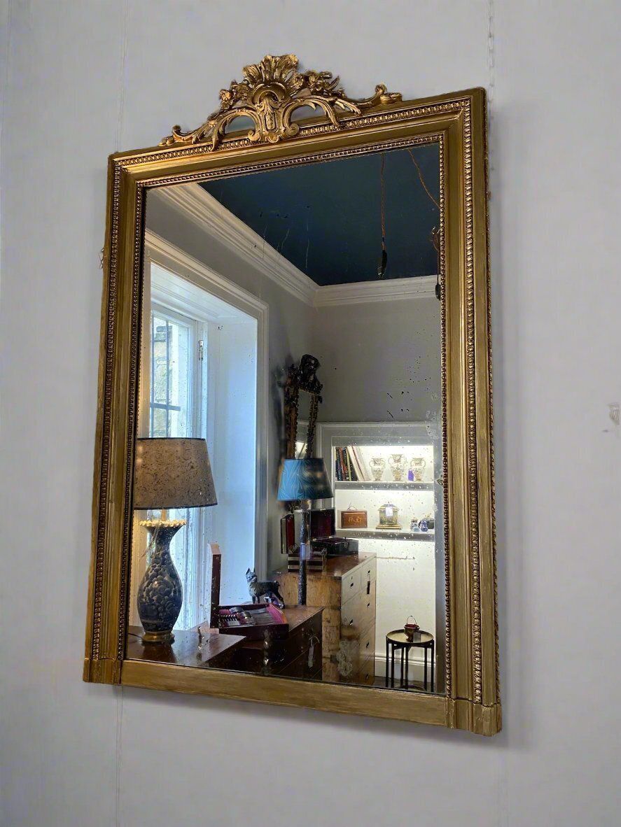 19th Century Overmantle Mirror With Carved Floral Top And Original Aged Glass