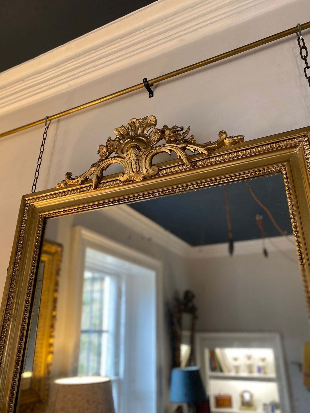 19th Century Overmantle Mirror With Carved Floral Top And Original Aged Glass photo for sale