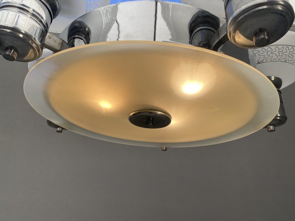 Art Deco Chrome Chandelier With Glass Bowl Shades photo for sale