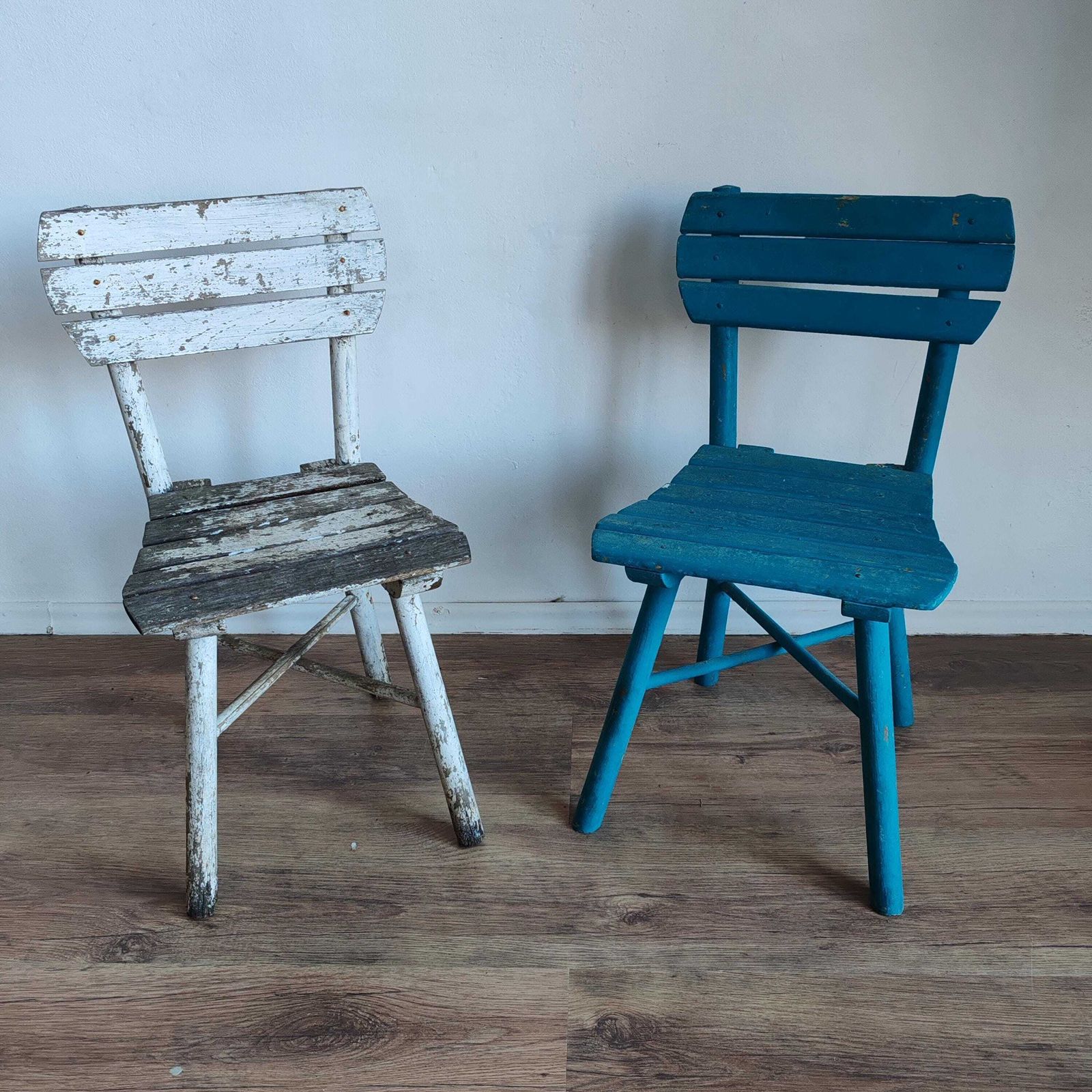 Set Of 2 Vintage 1940s Hungarian Children's Chairs – Handmade Elm Wood, Chippy Blue & White Paint, Rustic Doll Teddy Decor. Sturdy Solid photo furniture