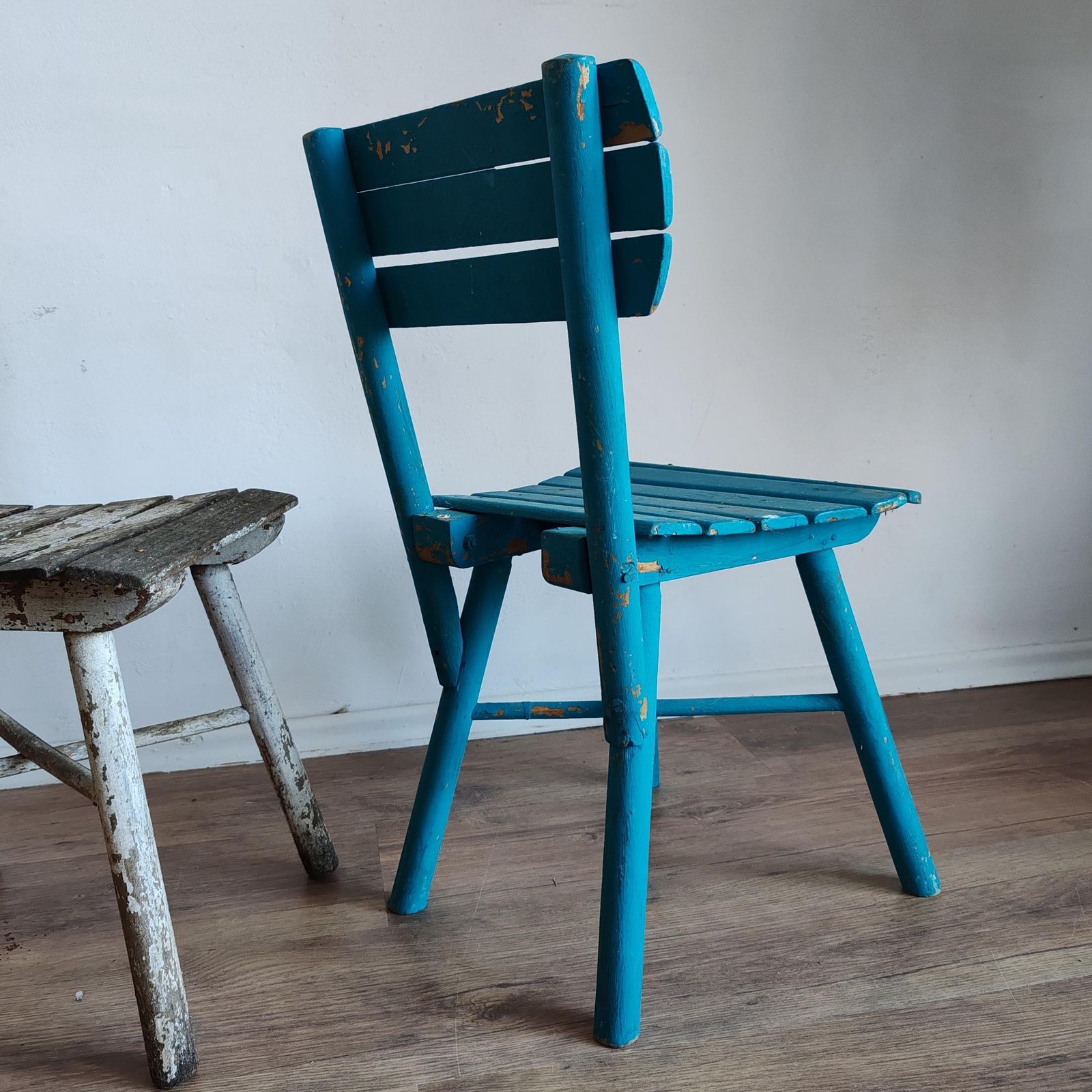 Set Of 2 Vintage 1940s Hungarian Children's Chairs – Handmade Elm Wood, Chippy Blue & White Paint, Rustic Doll Teddy Decor. Sturdy Solid photo Furniture