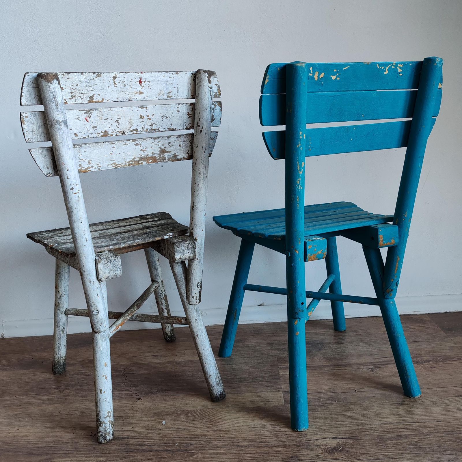 Set Of 2 Vintage 1940s Hungarian Children's Chairs – Handmade Elm Wood, Chippy Blue & White Paint, Rustic Doll Teddy Decor. Sturdy Solid photo 106.0