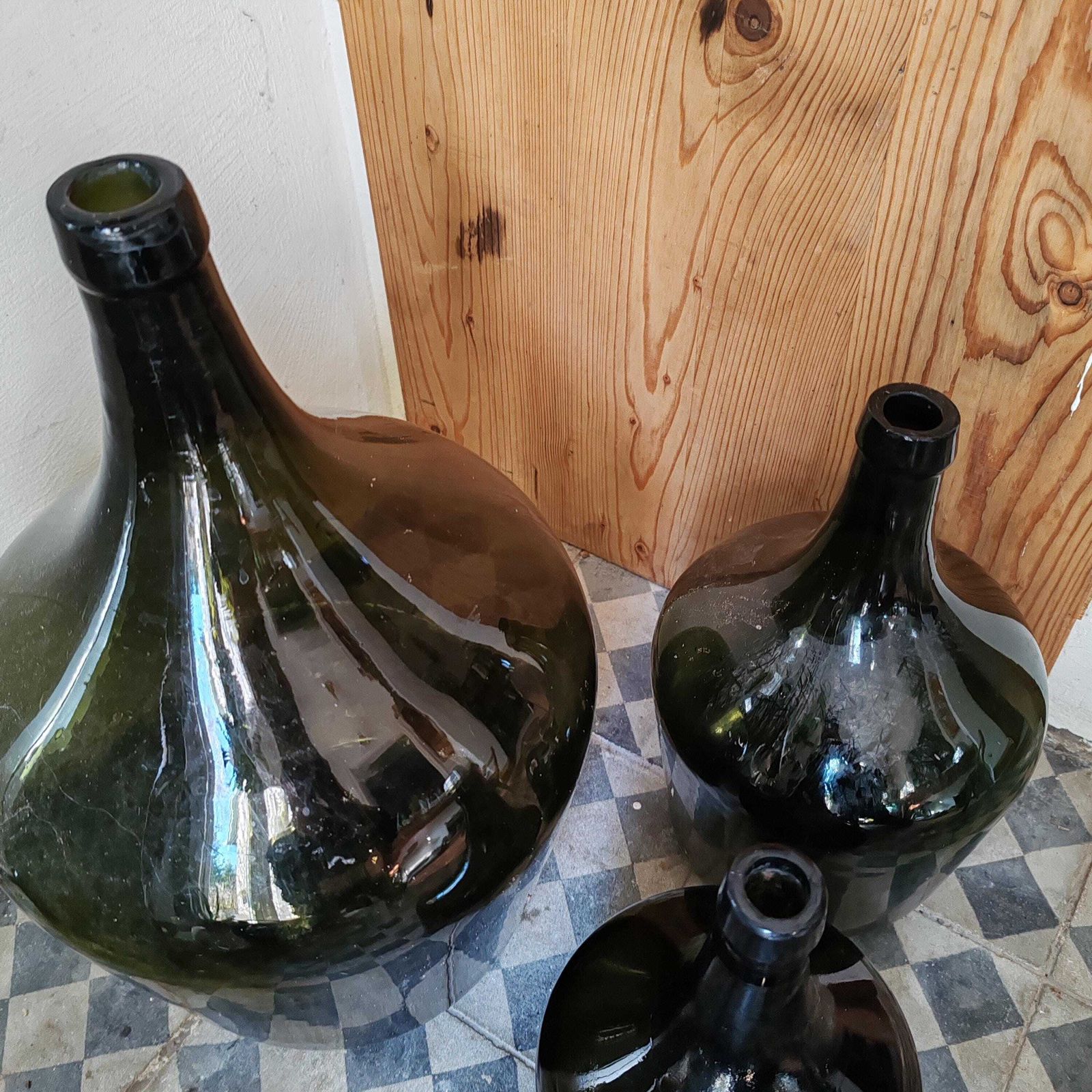 Set Of 3 Antique Green Demijohn Wine Bottles – 70 Year Old Hand Blown Glass, Rustic Farmhouse Decor, Garden Vase, Reclaimed Hungarian Cellar photo Home Decor