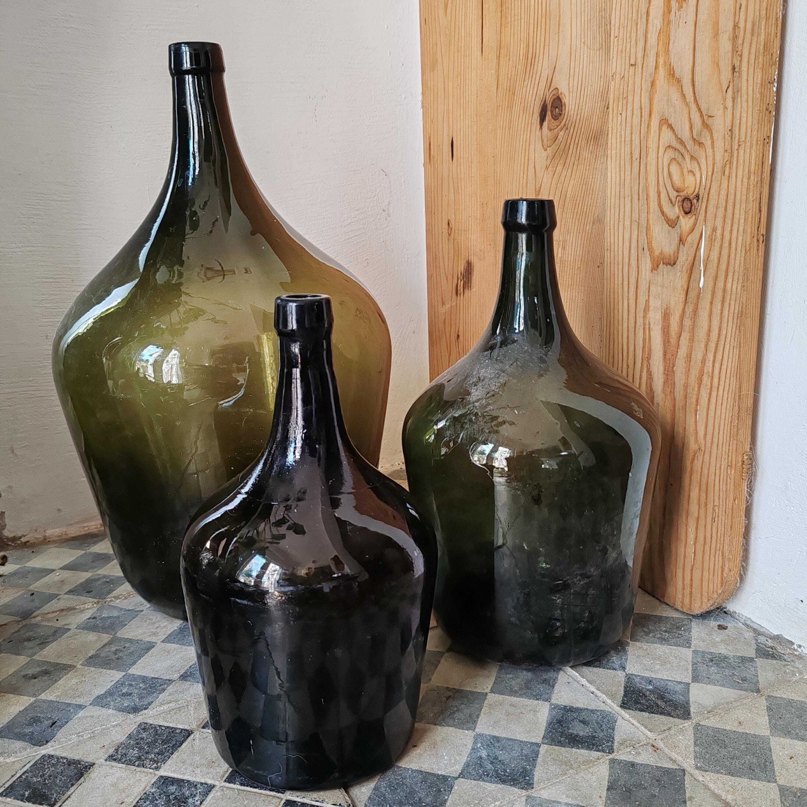 Set Of 3 Antique Green Demijohn Wine Bottles – 70 Year Old Hand Blown Glass, Rustic Farmhouse Decor, Garden Vase, Reclaimed Hungarian Cellar photo 150.0
