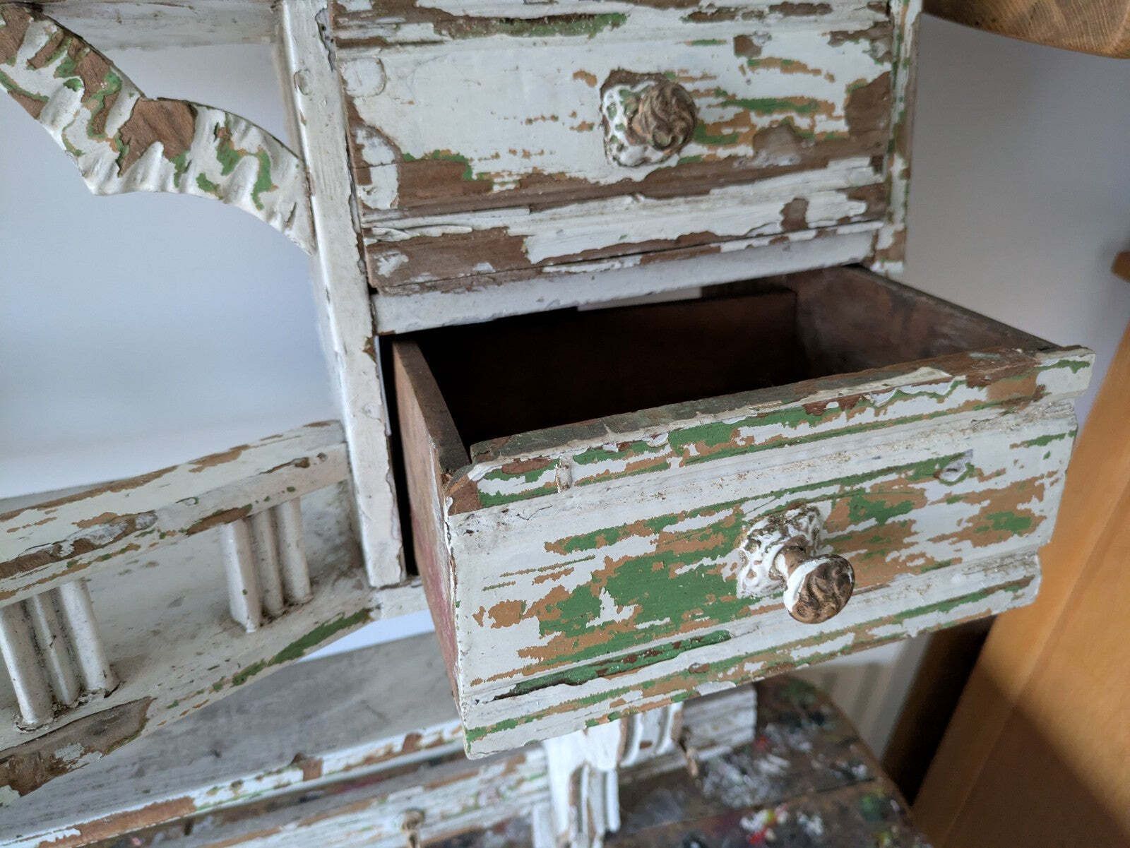Antique 1900s Shelving Rack Wall Shelf Shelves Drawers Chippy Distressed Hooks photo vinterior