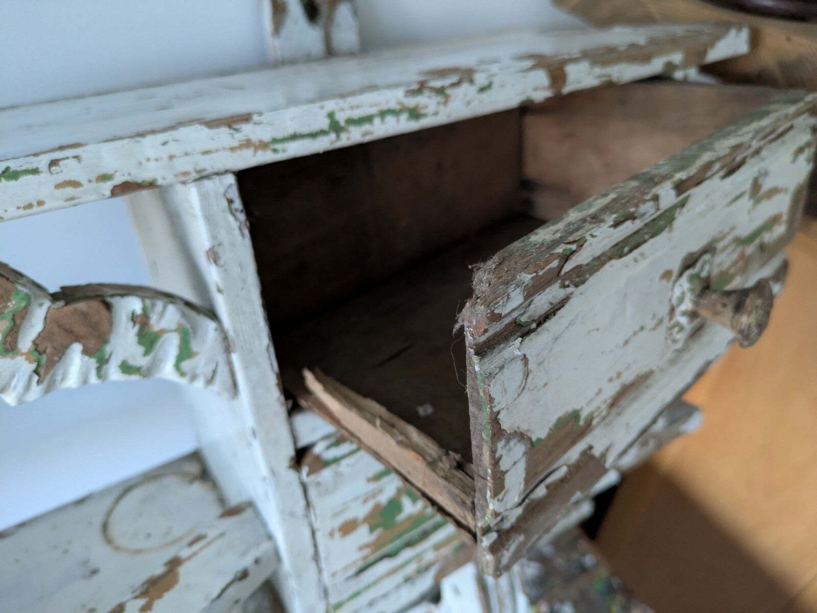 Antique 1900s Shelving Rack Wall Shelf Shelves Drawers Chippy Distressed Hooks photo buy