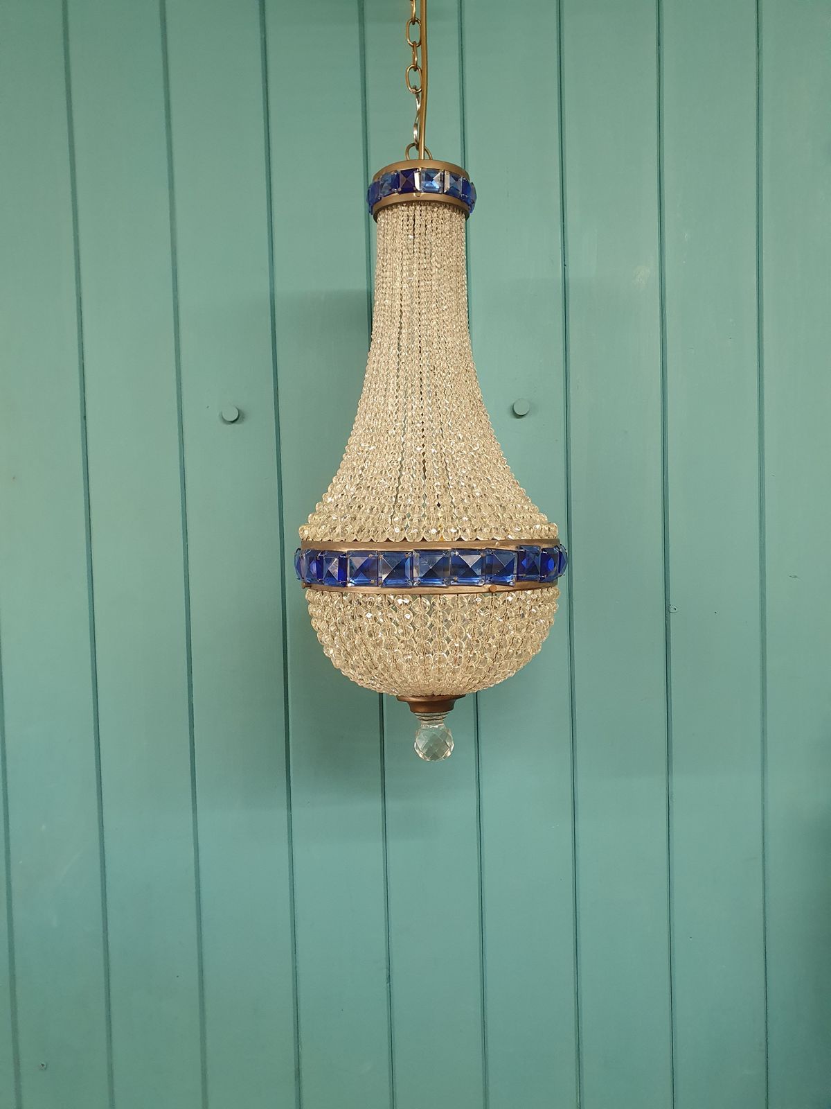 Early 20th Century Bead Chandelier With Blue Prisms At The Top And Centre 10"