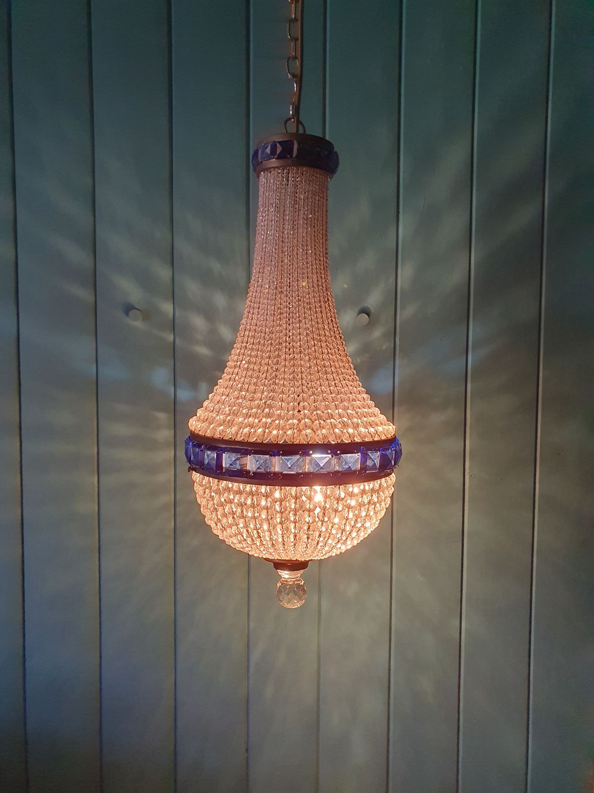 Early 20th Century Bead Chandelier With Blue Prisms At The Top And Centre 10" photo furniture