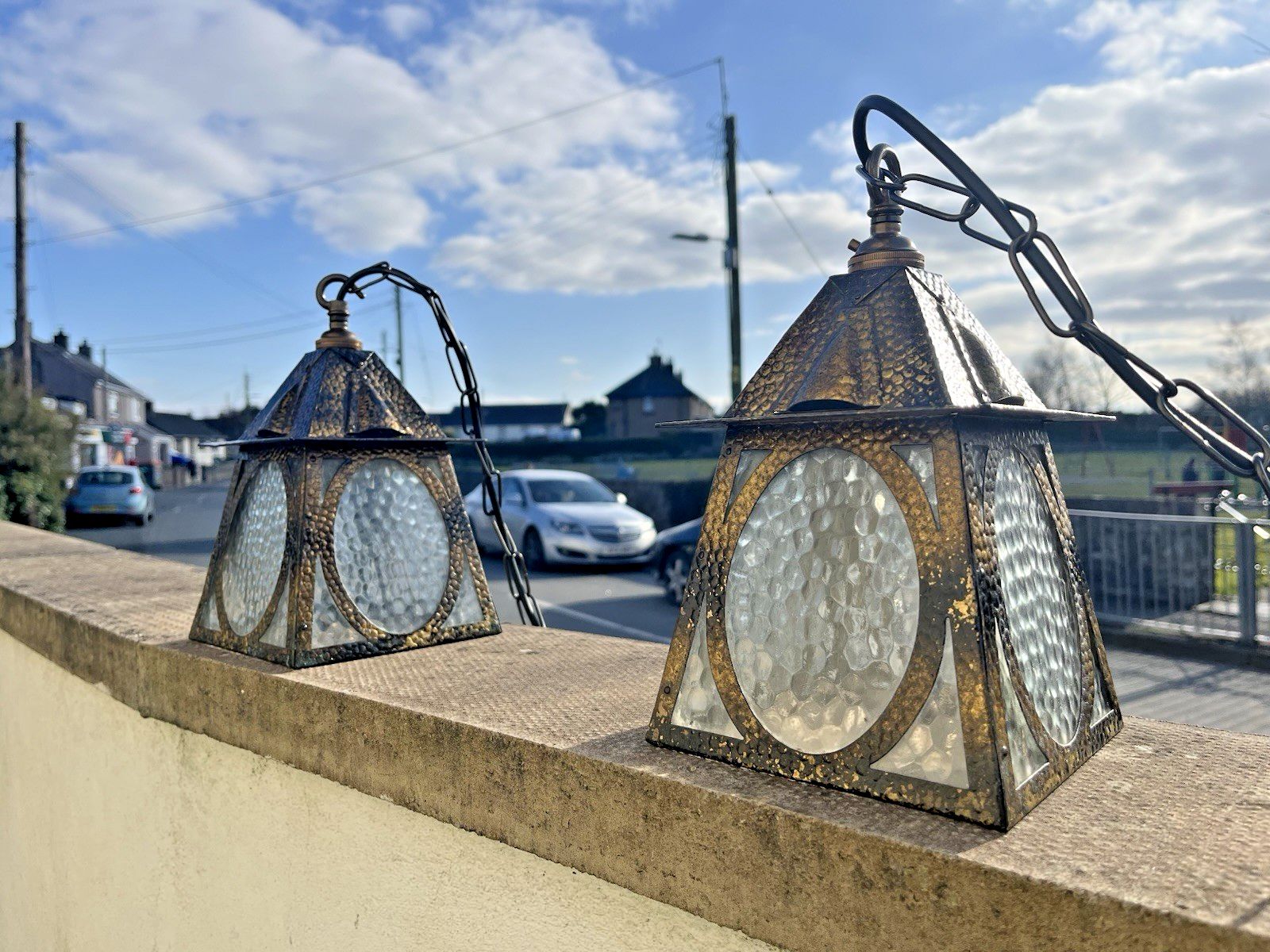 Pair Of Antique Arts & Crafts Textured Brass & Glass Porch Lanterns Lamps Lights photo for sale