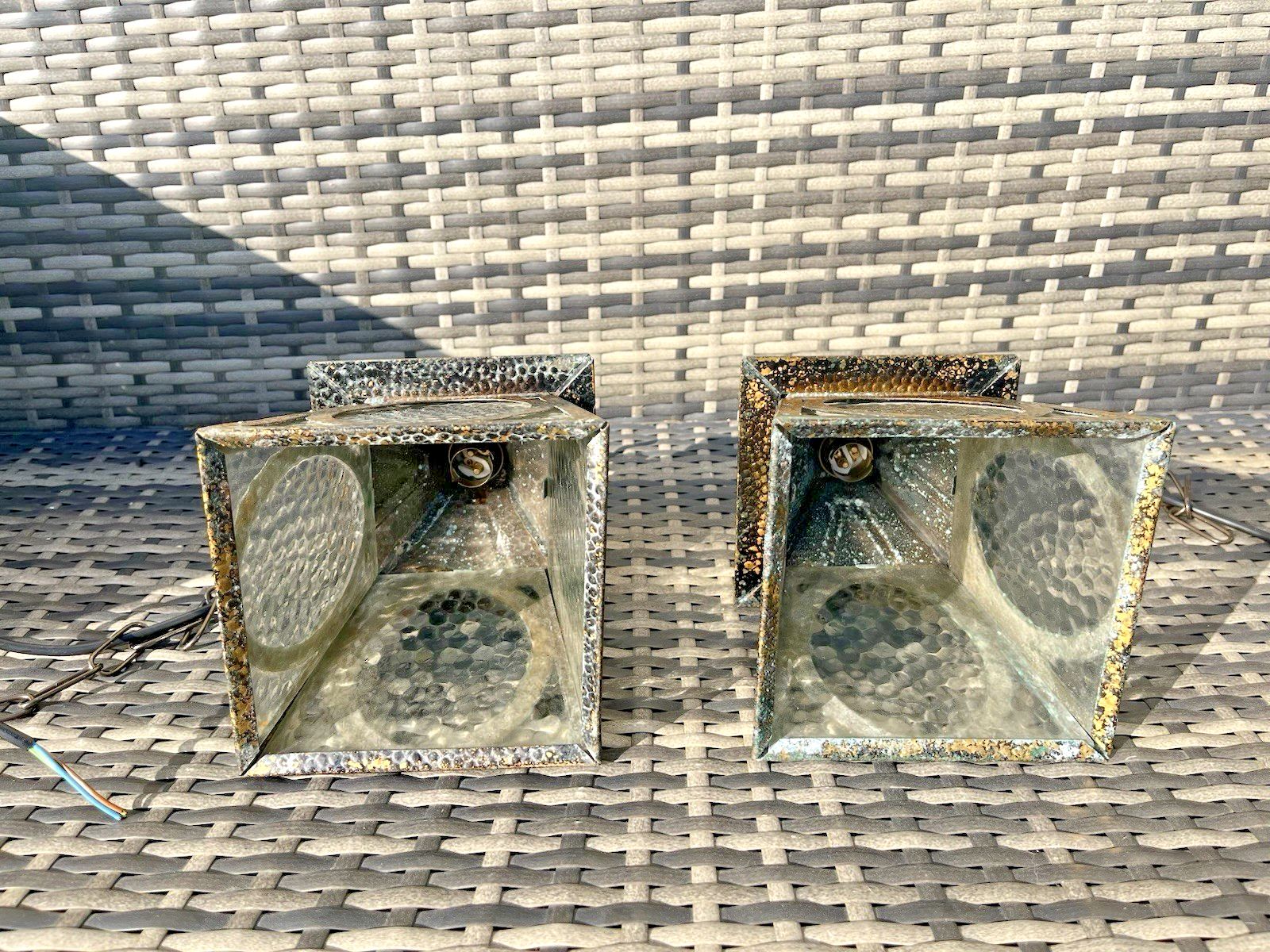 photo buy Pair Of Antique Arts & Crafts Textured Brass & Glass Porch Lanterns Lamps Lights