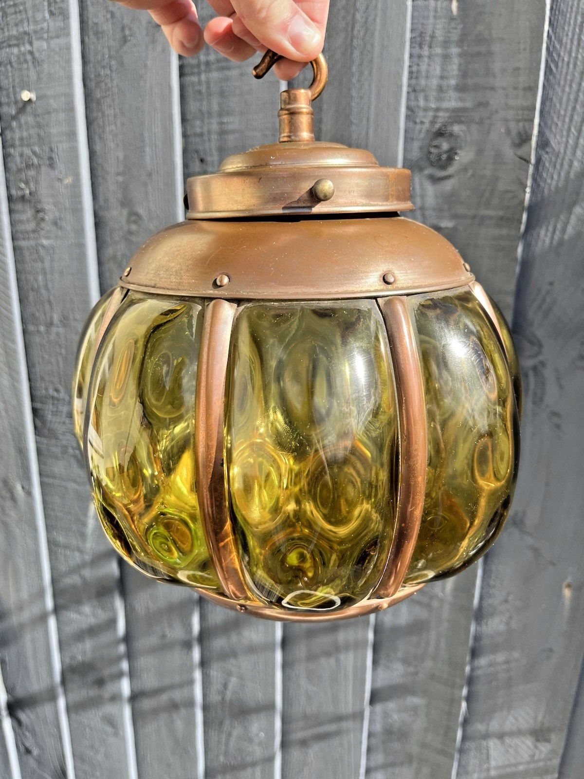 photo for sale Mid Century Amber Copper Cage Blown Glass Onion Light Lantern 60's Scandi Dutch