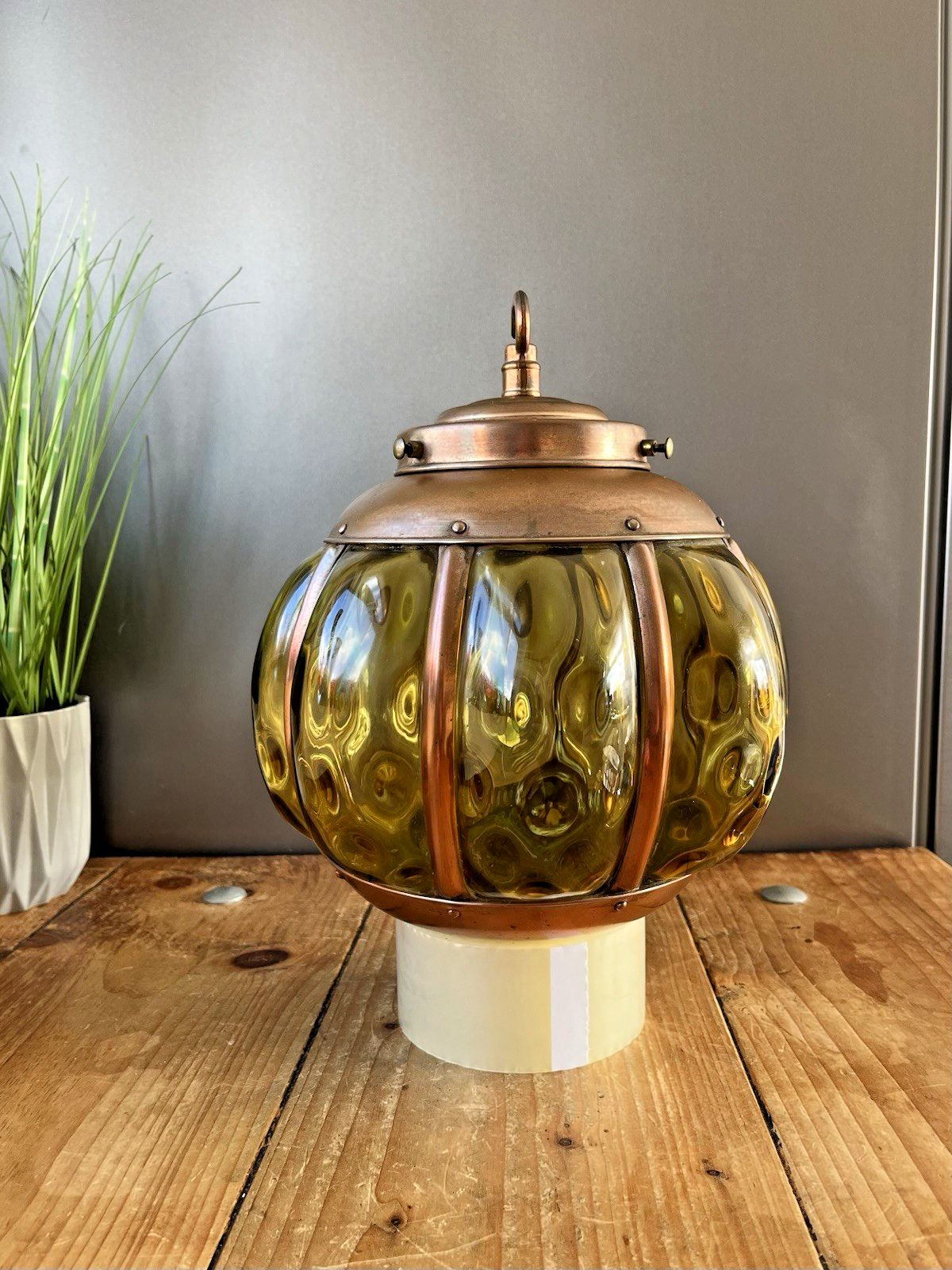 photo vinterior Mid Century Amber Copper Cage Blown Glass Onion Light Lantern 60's Scandi Dutch