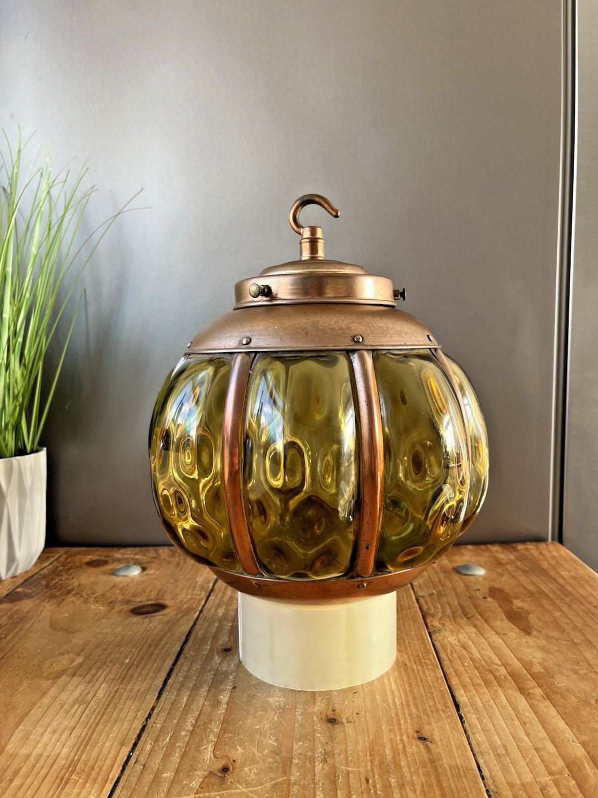 photo buy Mid Century Amber Copper Cage Blown Glass Onion Light Lantern 60's Scandi Dutch