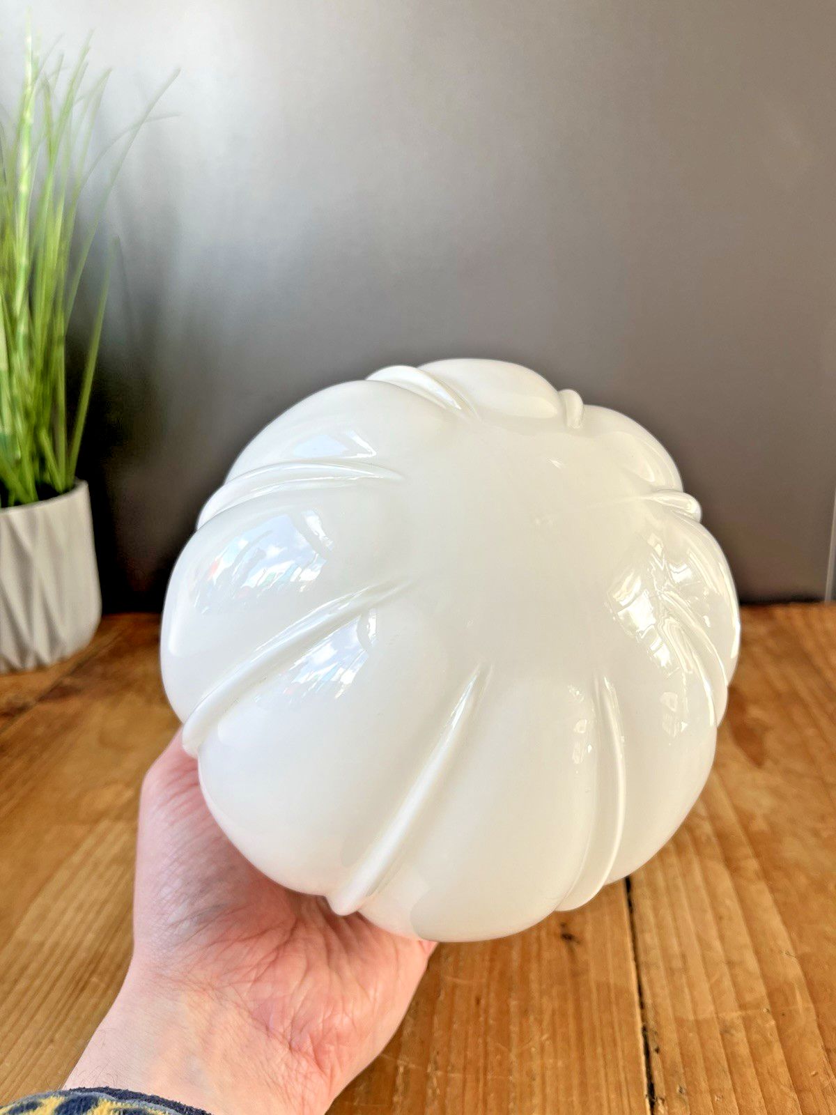 Art Deco Fluted Pumpkin Opaline Glass Globe Ceiling Light Lamp Shade & Gallery photo vinterior
