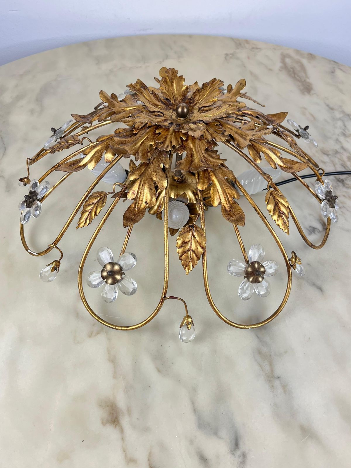 Banci Ceiling Light In Gilded Iron And Crystal Flowers Italian Design 1980s photo vintage