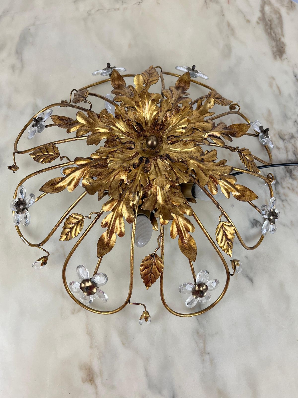 photo furniture Banci Ceiling Light In Gilded Iron And Crystal Flowers Italian Design 1980s