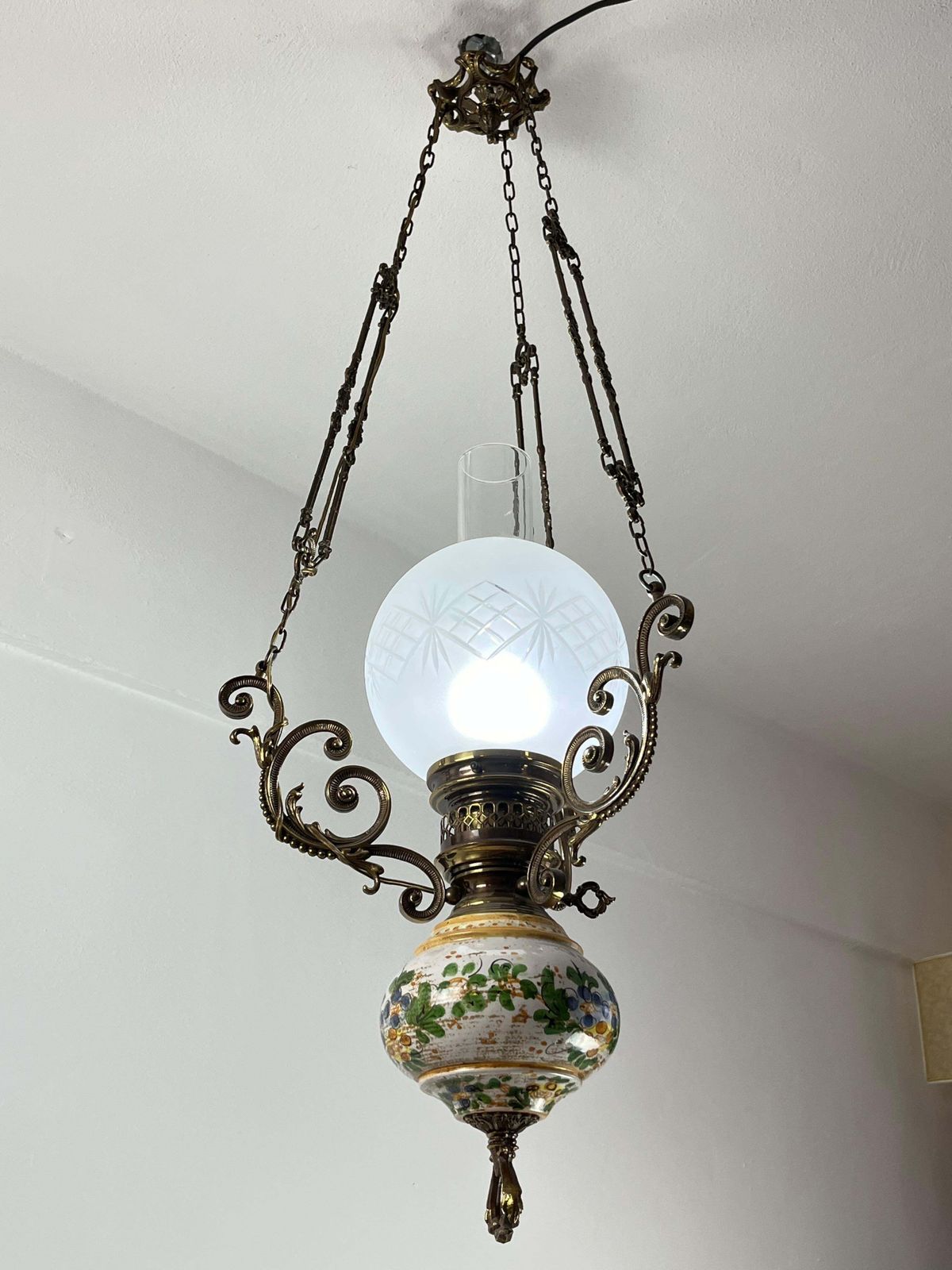 Bronze, Ceramic And Glass Chandelier, Italy, 1950s photo Lighting