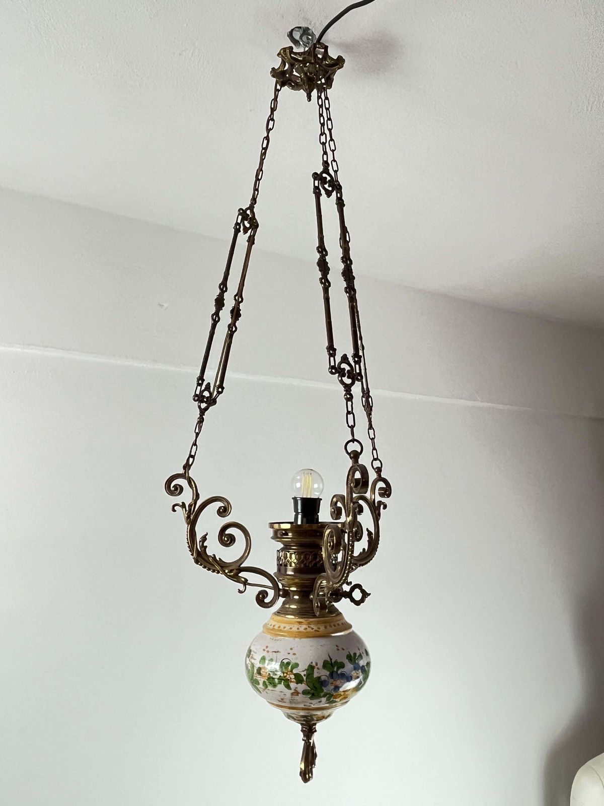 photo for sale Bronze, Ceramic And Glass Chandelier, Italy, 1950s