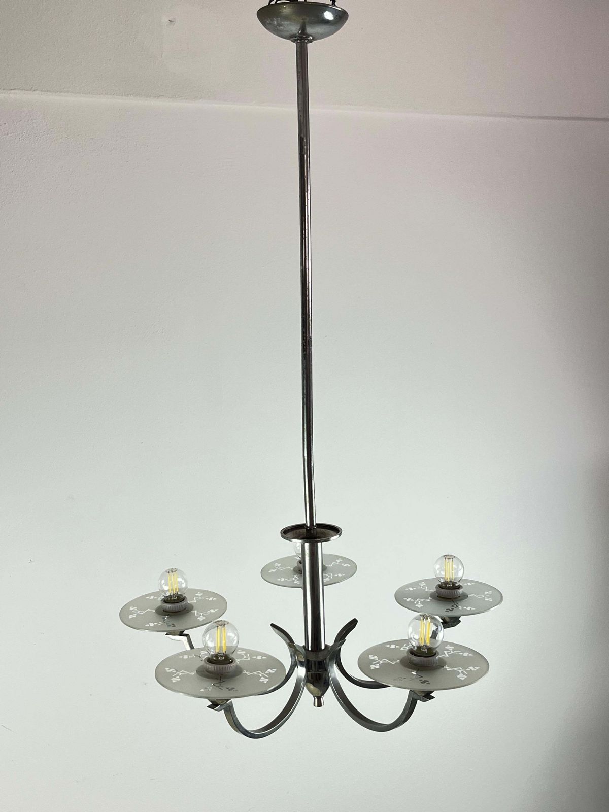 5 Light Metal And Glass Chandelier, Italy, 1940s photo Lighting