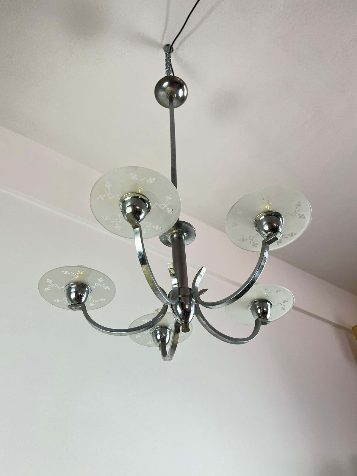 5 Light Metal And Glass Chandelier, Italy, 1940s photo buy