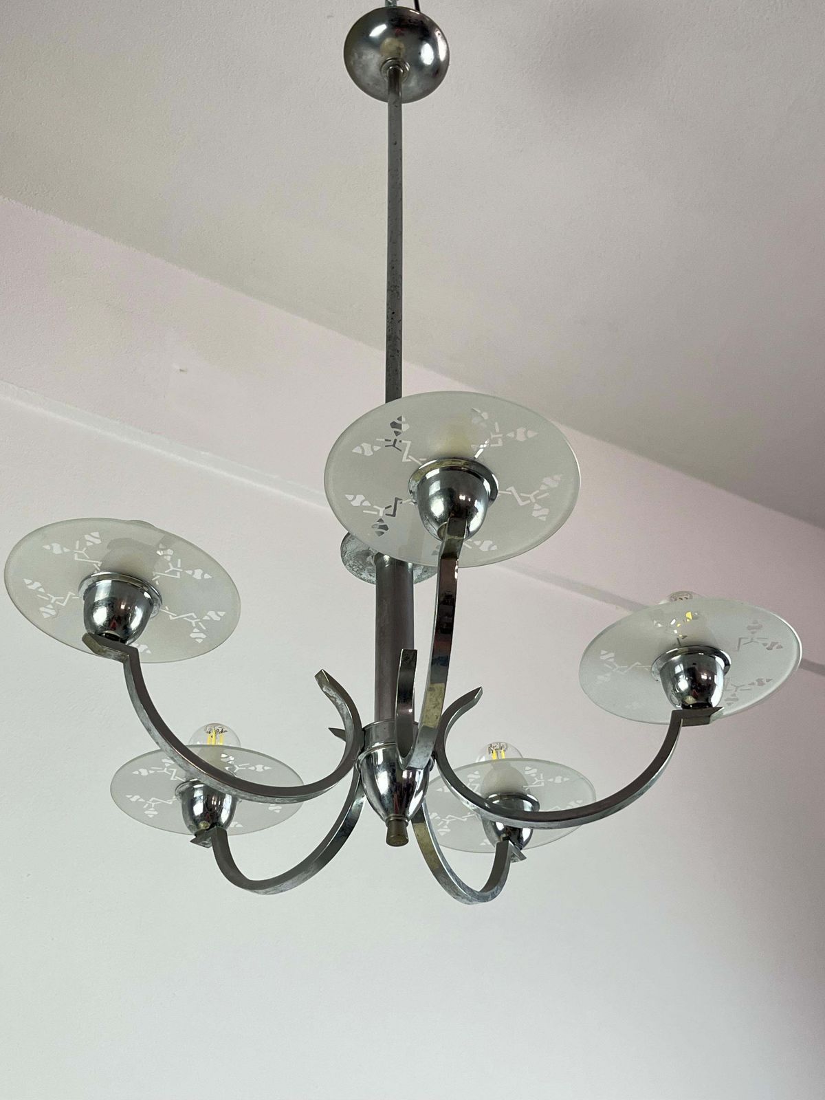 photo for sale 5 Light Metal And Glass Chandelier, Italy, 1940s