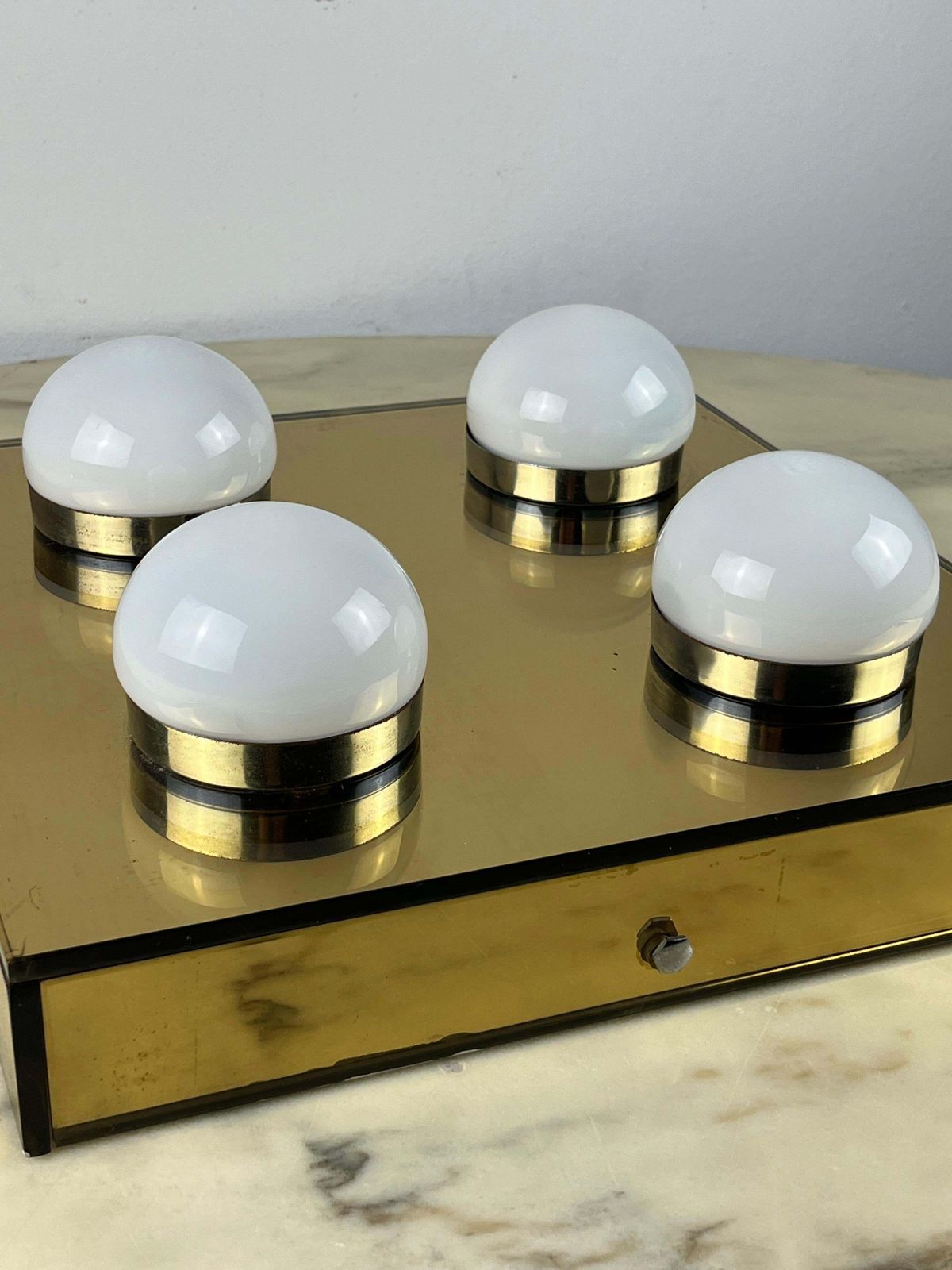 4 Light Ceiling Lamp Golden Mirror  Mid Century 1960s Italian Design photo for sale