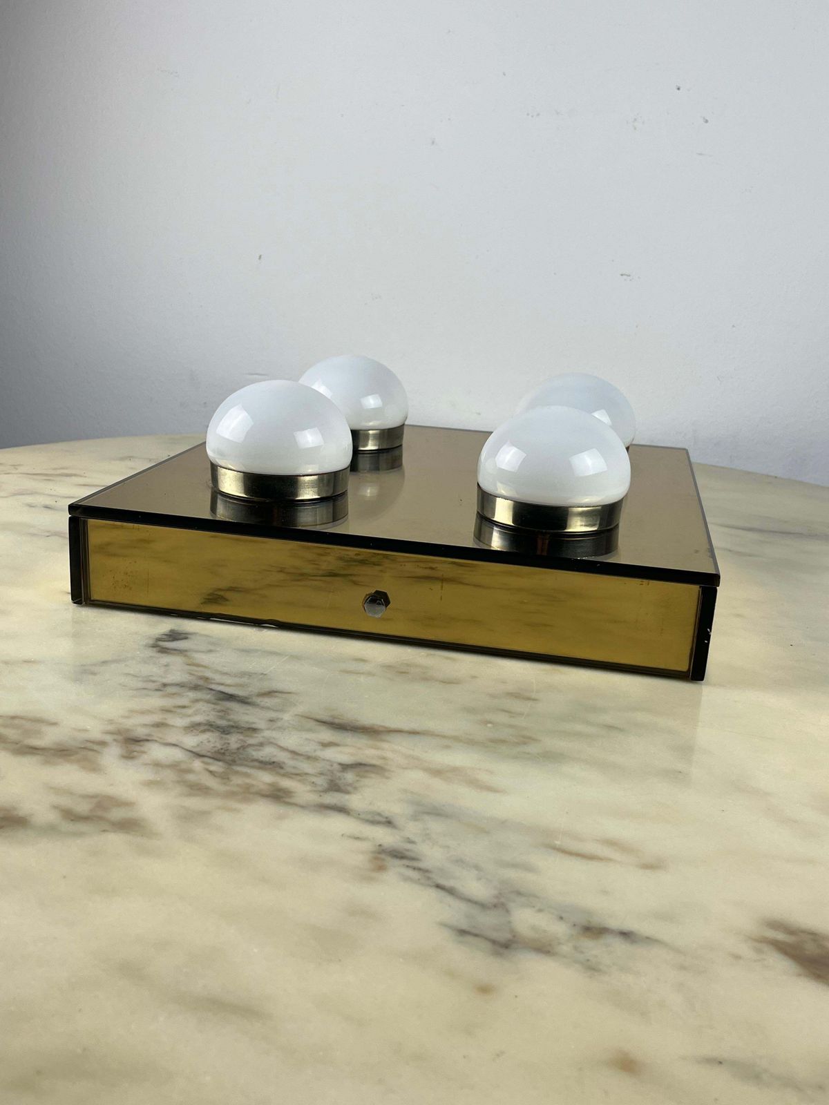 4 Light Ceiling Lamp Golden Mirror  Mid Century 1960s Italian Design photo vinterior