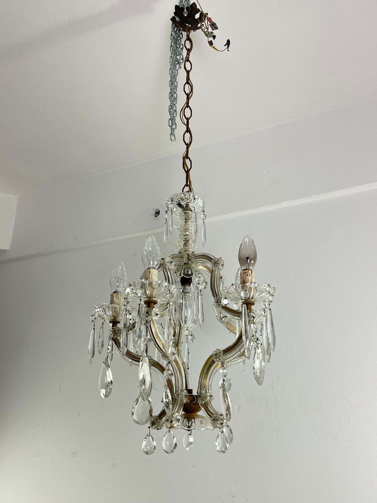 Antique Italian 5 Light Mid Century Crystal Chandelier, 1950s photo for sale