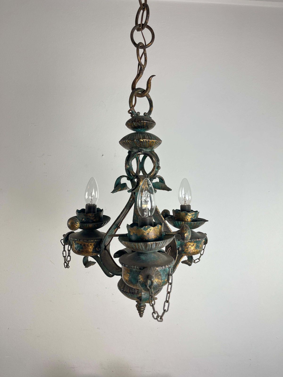 Lighting Mid Century Brutalist Iron And Glass Chandelier  1960s photo