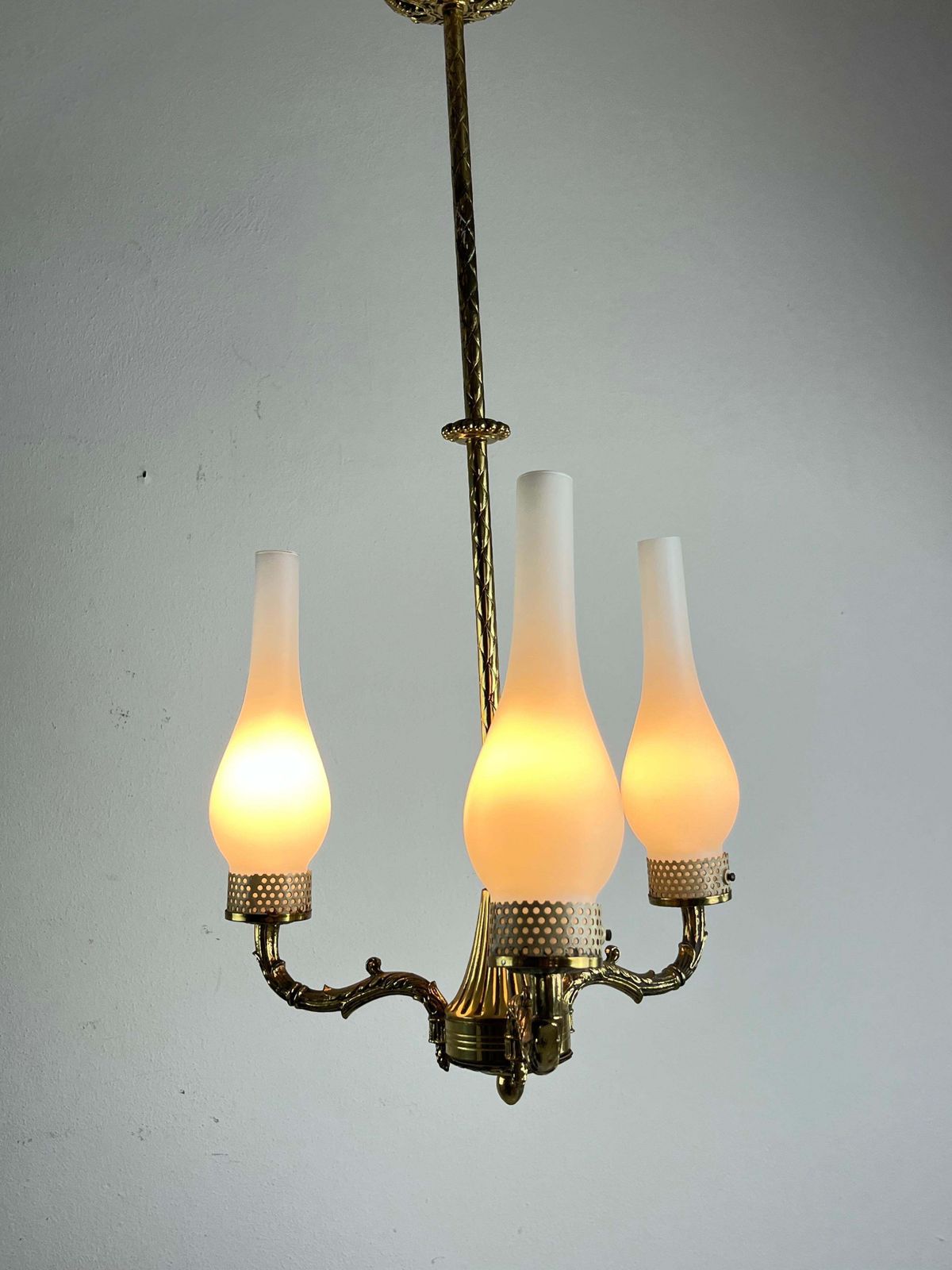 Mid Century 3 Light Brass And Glass Chandelier  Attributed To Stilnovo 1950s photo furniture