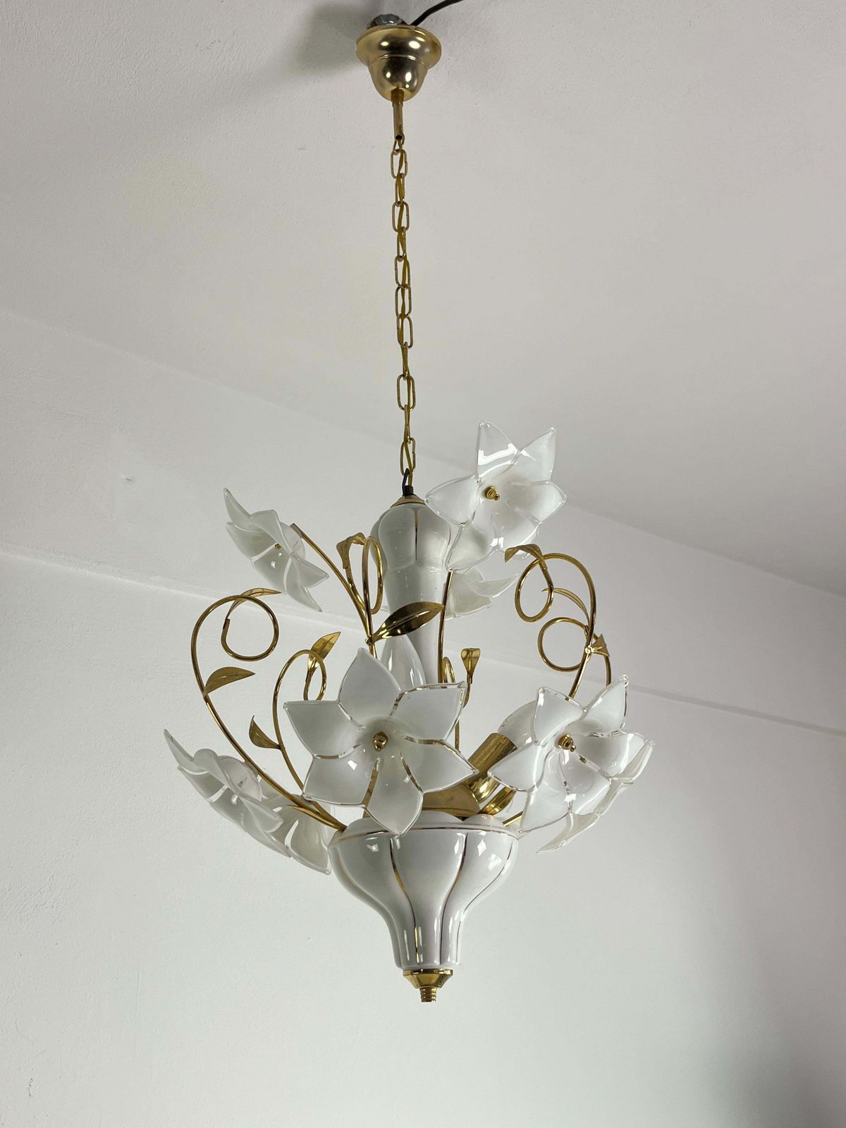 3 Light Venetian Chandelier With Murano Glass Flowers, 1970s photo for sale