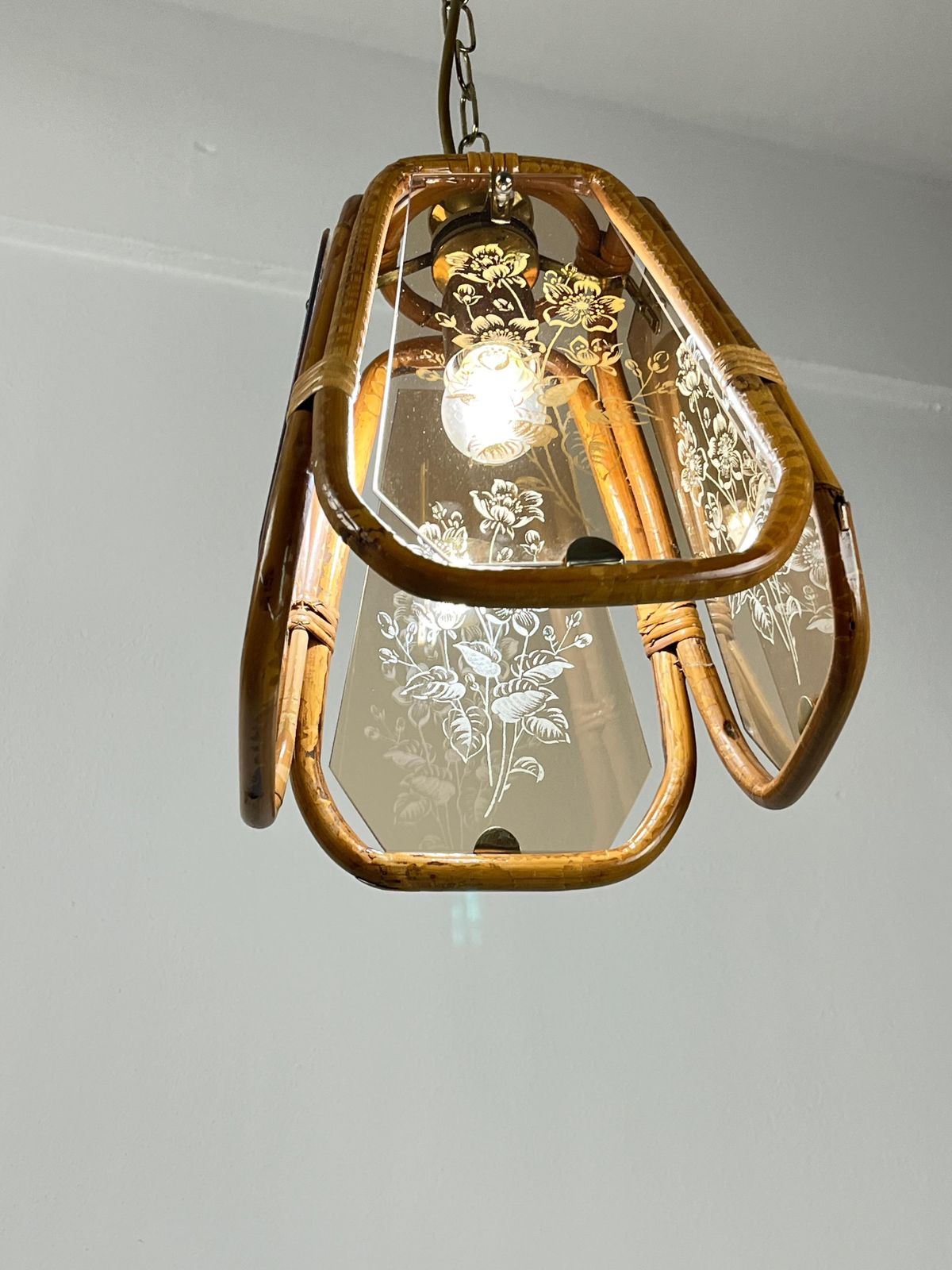 Hand Engraved Bamboo And Murano Glass Chandelier, Italy, 1950s photo vinterior